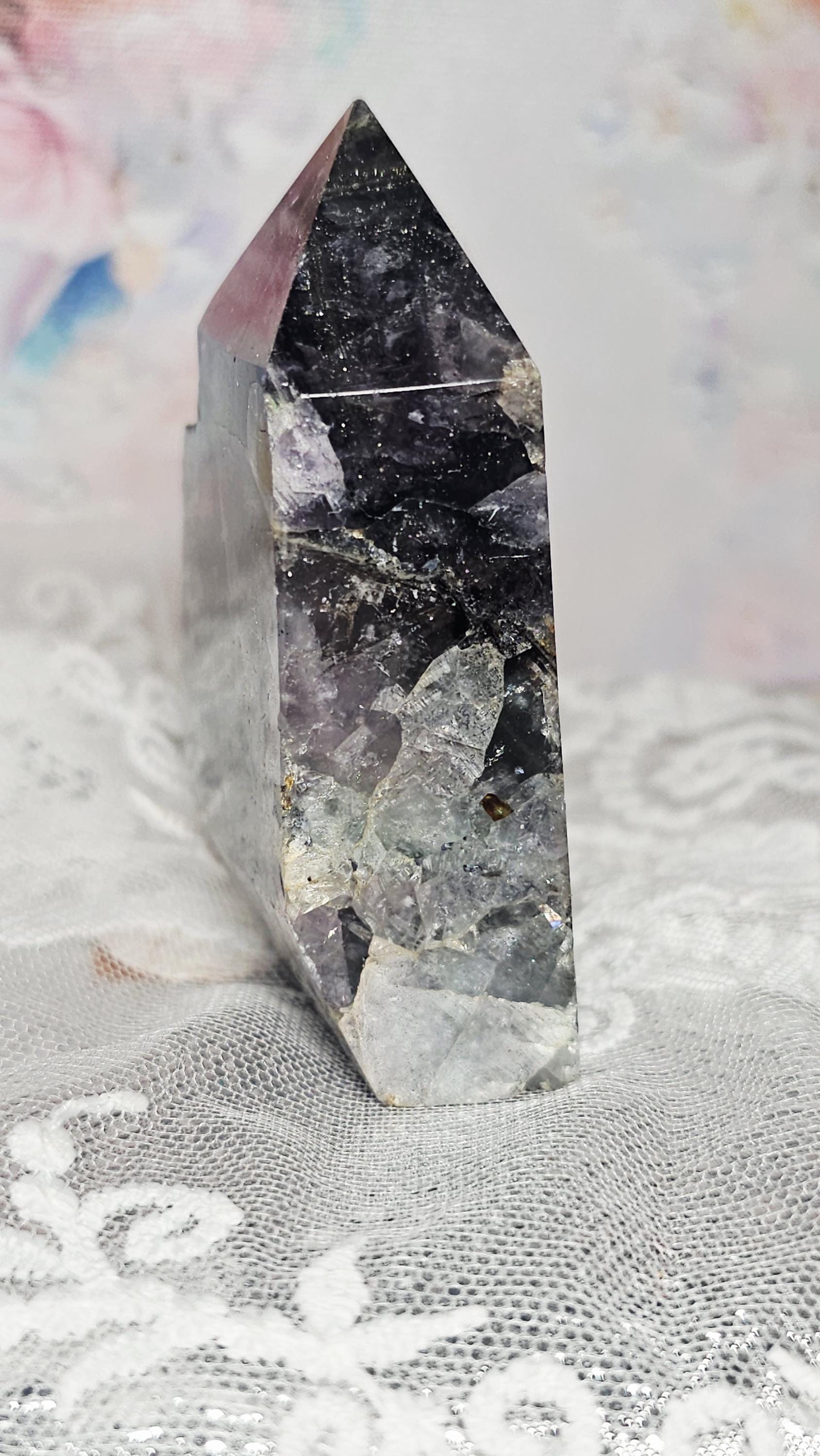 UV Reactive Fujian Fluorite and Pyrite Rainbow Specimen Tower, Raw