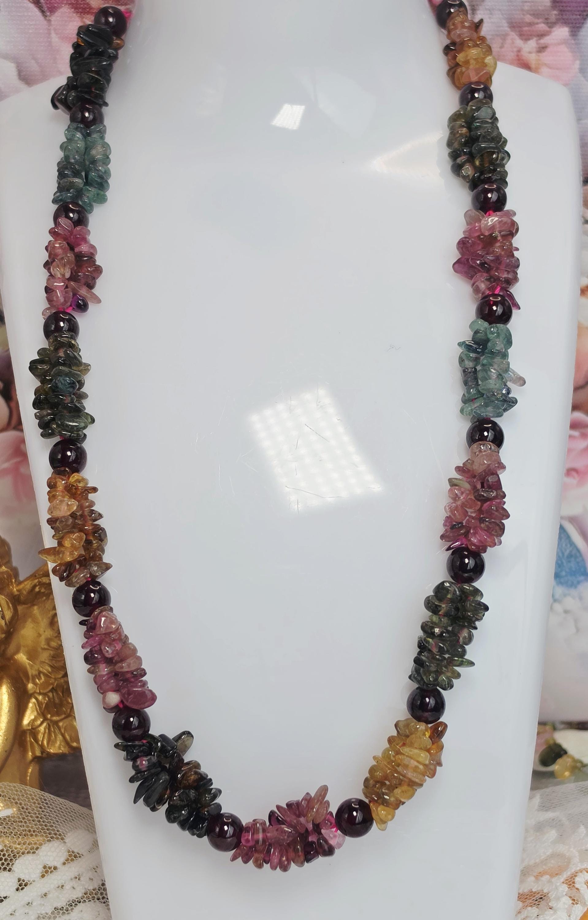 Goddess Mixed Tourmaline and Garnet Necklace Handmade , Natural Crystal, Peaceful Protection