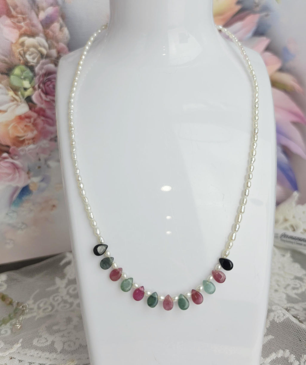 Goddess Mixed Tourmaline and Pearl Silver Handmade , Natural Crystal, Gemstome, Feminine Energy
