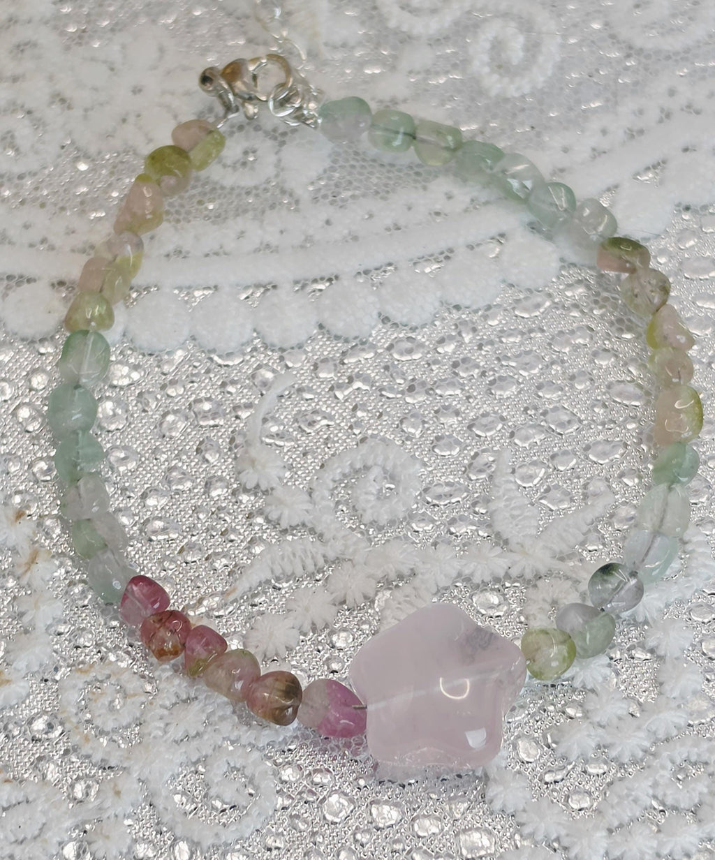 Goddess Watermelon Tourmaline And Mozambique Rose Quartz Star Bracelet, Handmade , Peaceful Protection, Feminine Energy