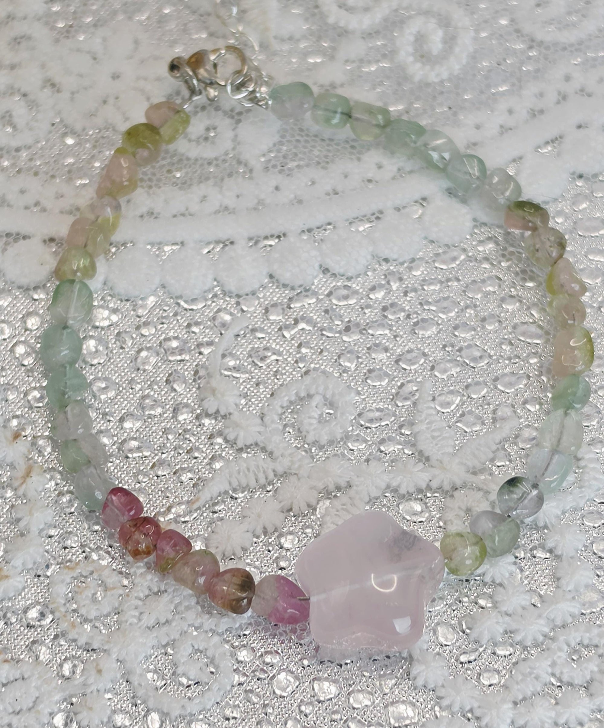 Goddess Watermelon Tourmaline And Mozambique Rose Quartz Star Bracelet, Handmade , Peaceful Protection, Feminine Energy