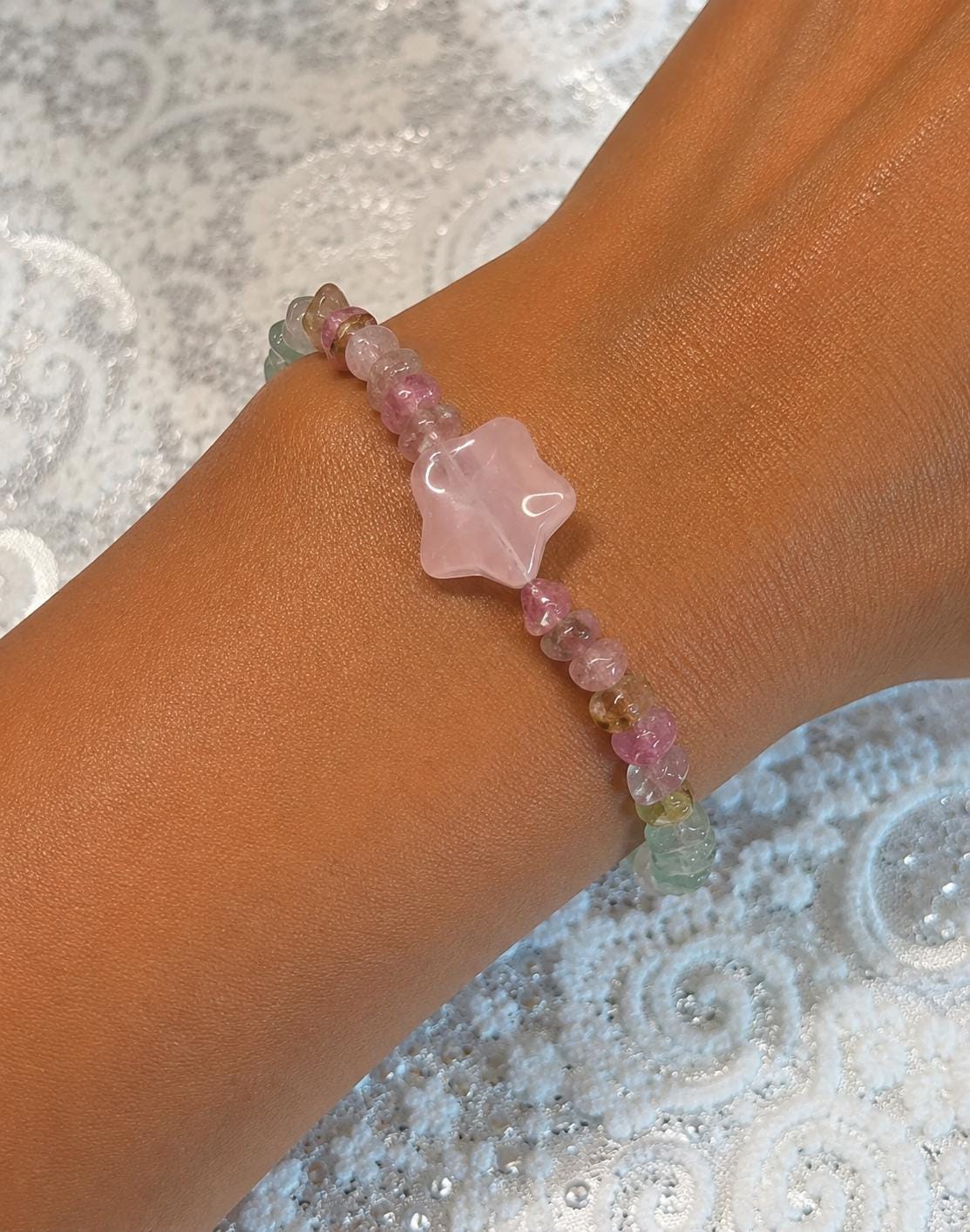 Goddess Watermelon Tourmaline And Mozambique Rose Quartz Star Bracelet, Handmade , Peaceful Protection, Feminine Energy