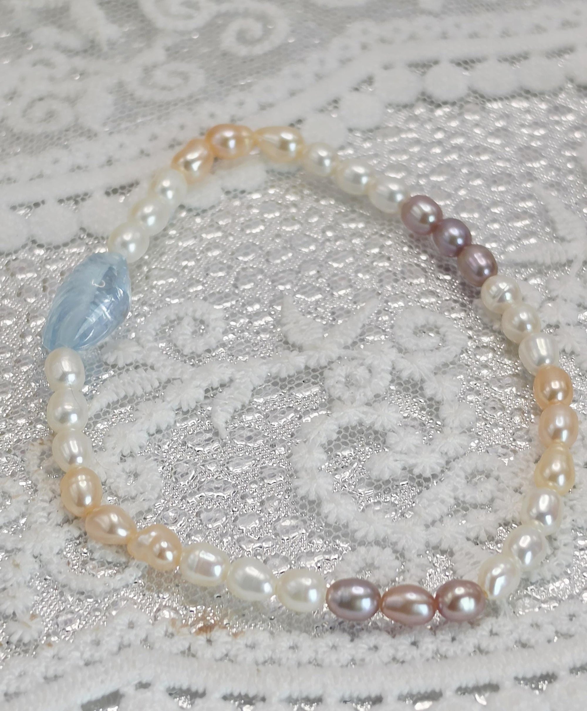 Goddess Aquamarine Shell and Natural Colorful Pearl Bracelet, Handmade , Protection, Feminine Energy