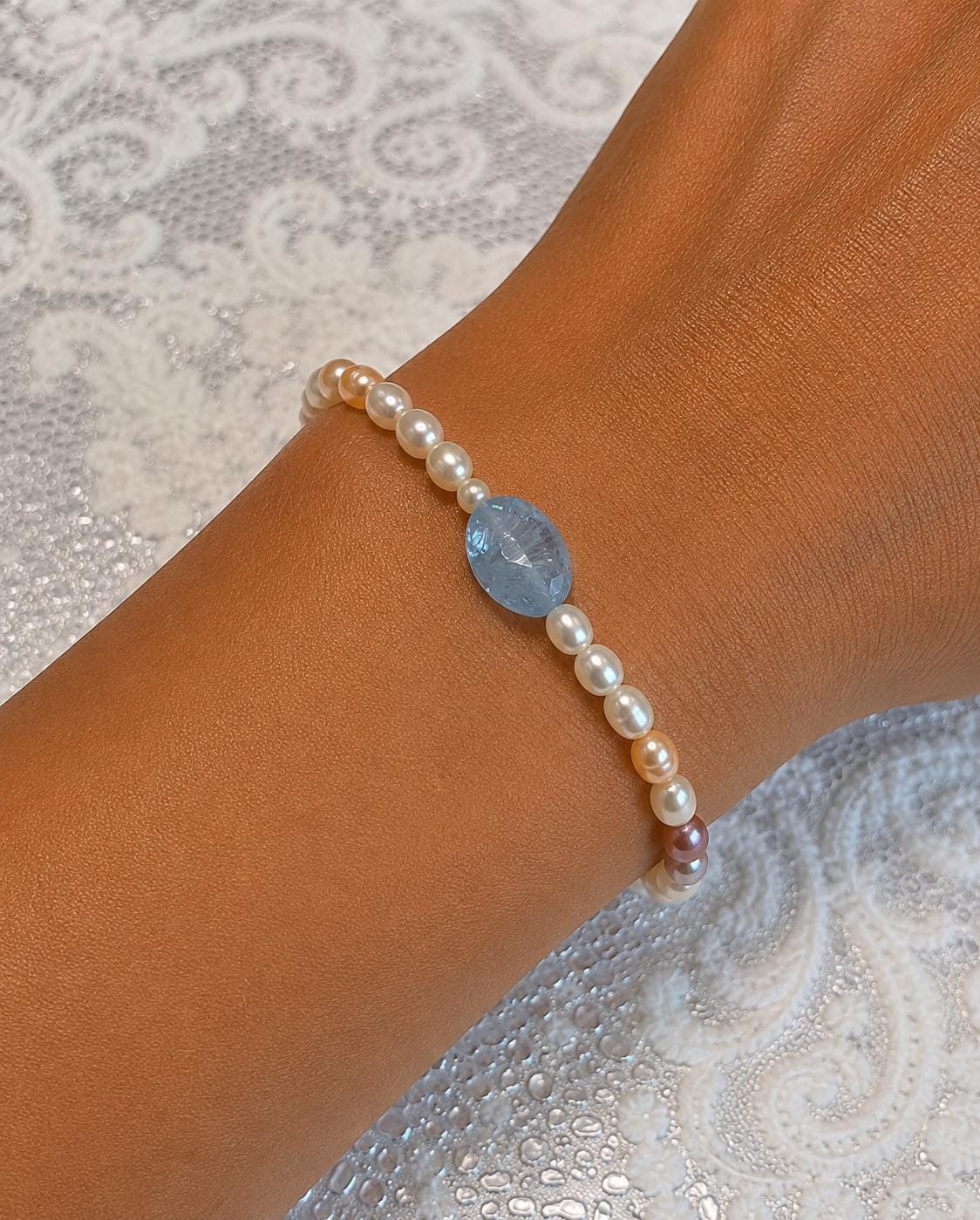 Goddess Aquamarine Shell and Natural Colorful Pearl Bracelet, Handmade , Protection, Feminine Energy
