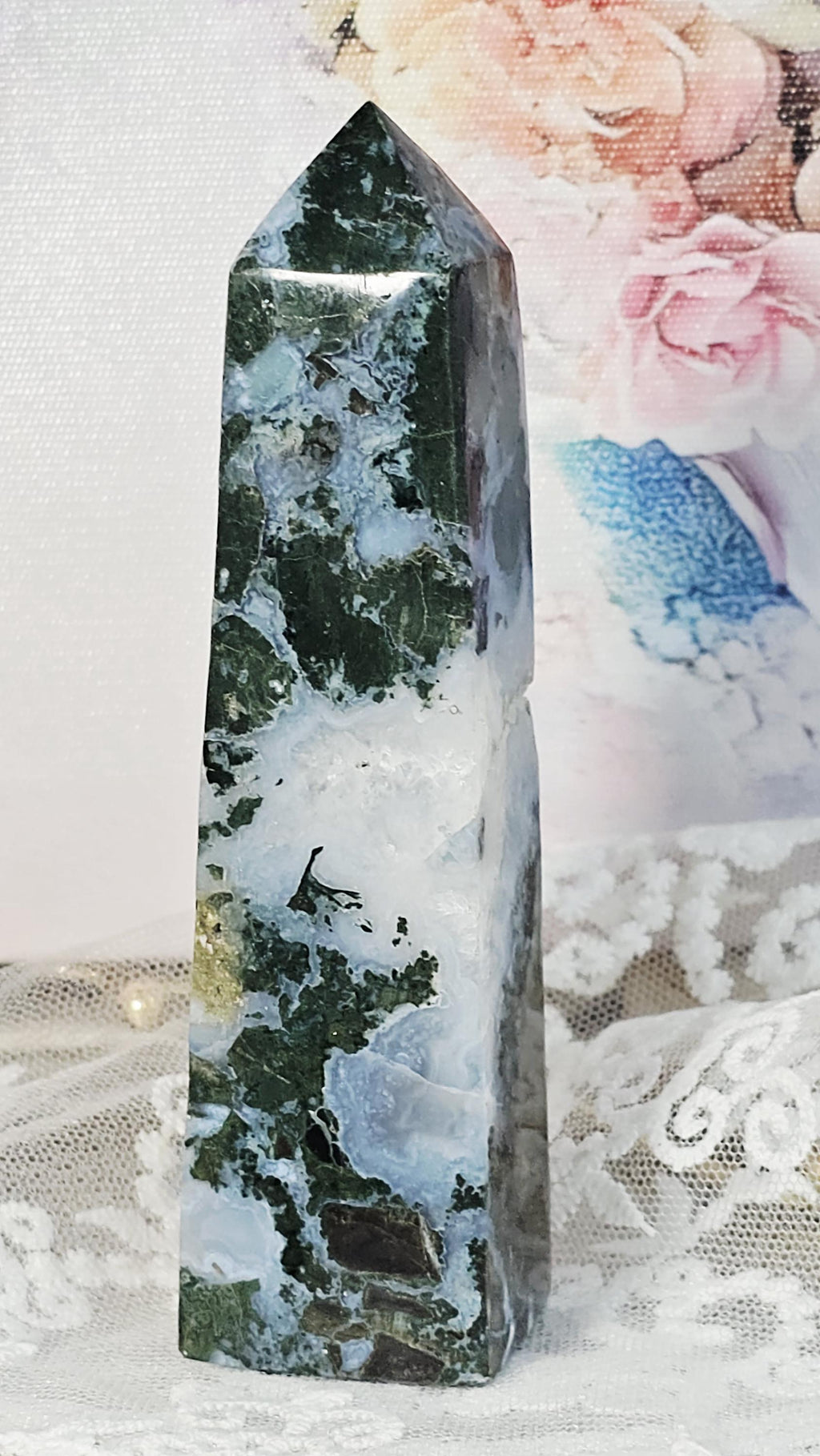 RARE Moss Agate and Pyrite Tower, Home Decor, Gift