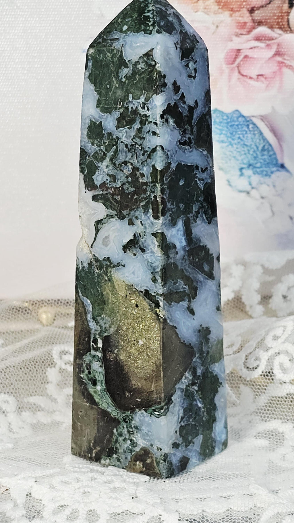 RARE Moss Agate and Pyrite Tower, Home Decor, Gift