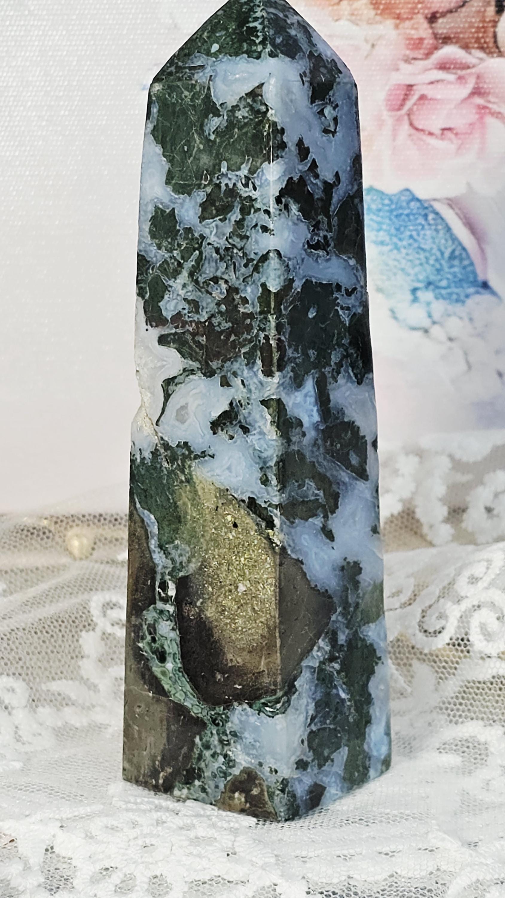 RARE Moss Agate and Pyrite Tower, Home Decor, Gift