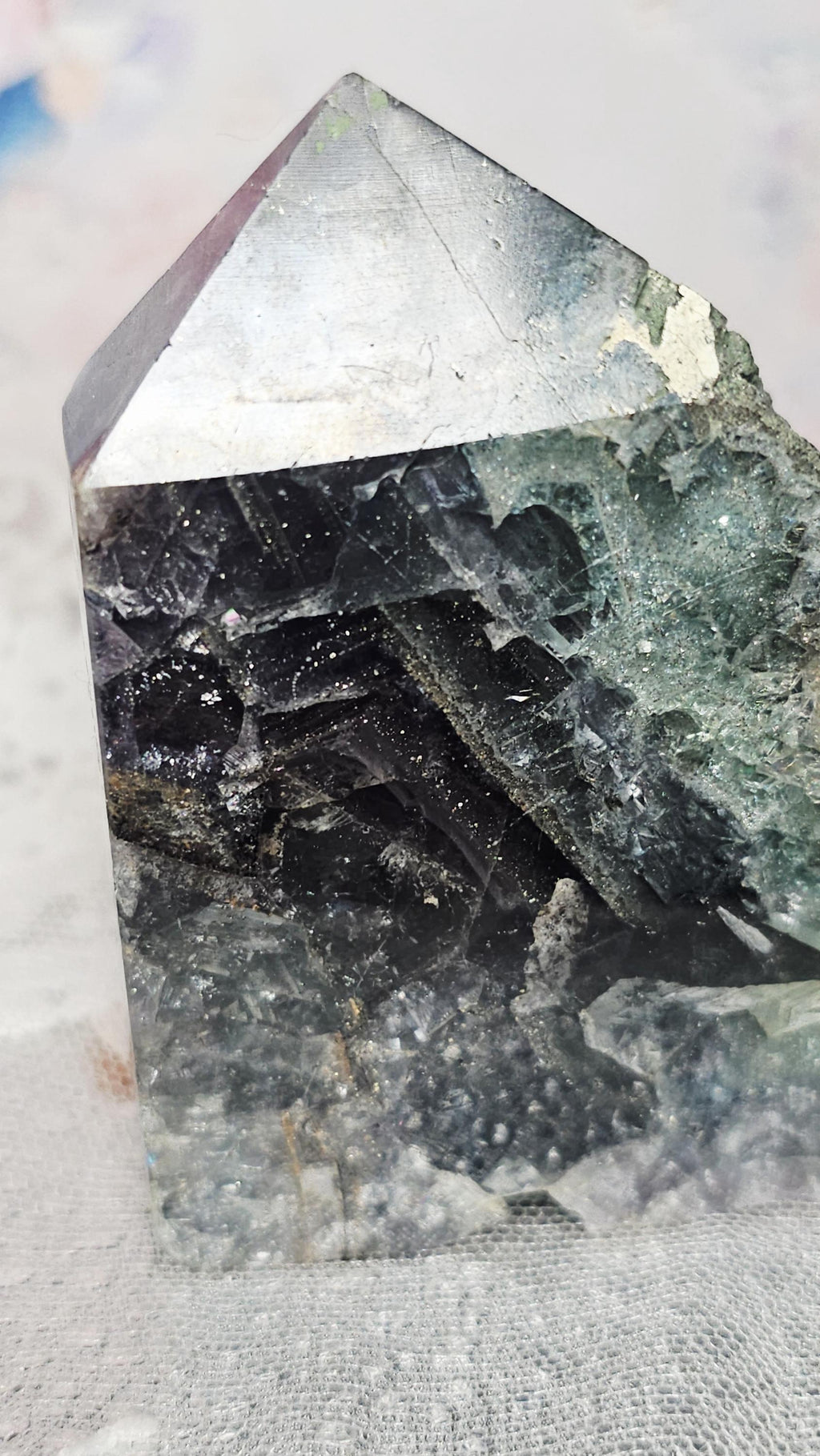 UV Reactive Fujian Fluorite and Pyrite Rainbow Specimen Tower, Raw