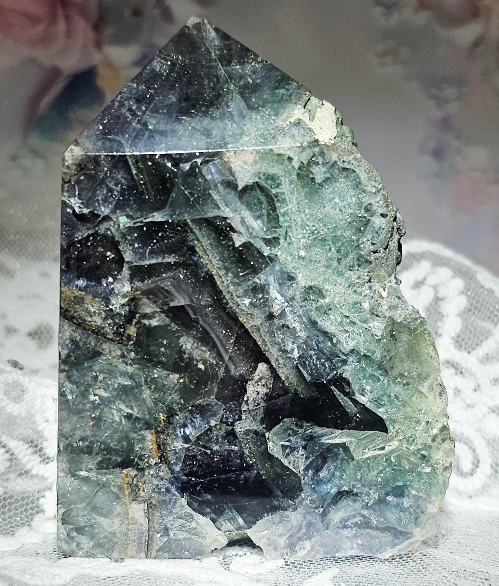 UV Reactive Fujian Fluorite and Pyrite Rainbow Specimen Tower, Raw