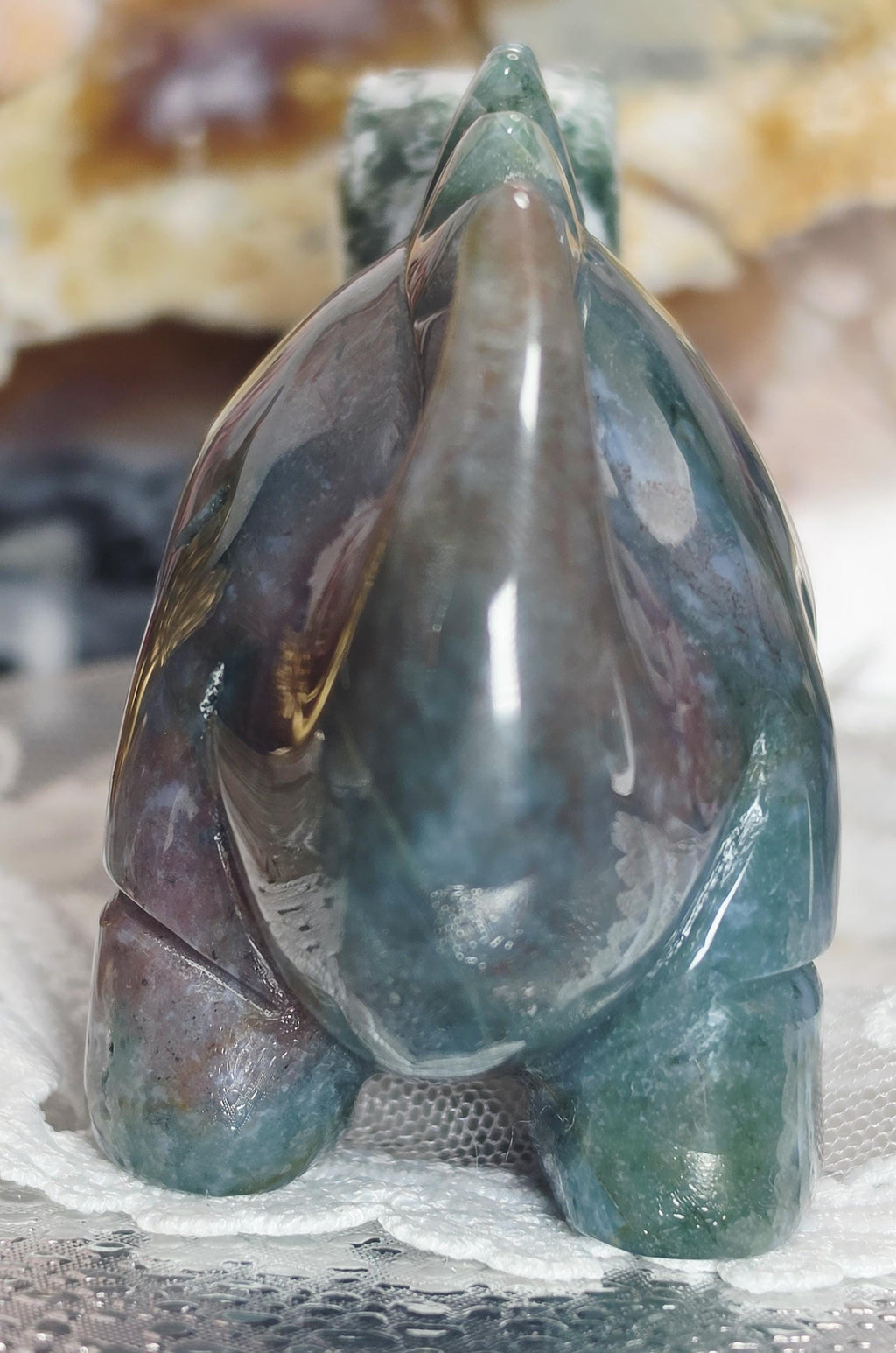 Moss Agate Dinosaur with Blue Chalcedony and Druzy, Ocean Home Decor, Crystal Gift