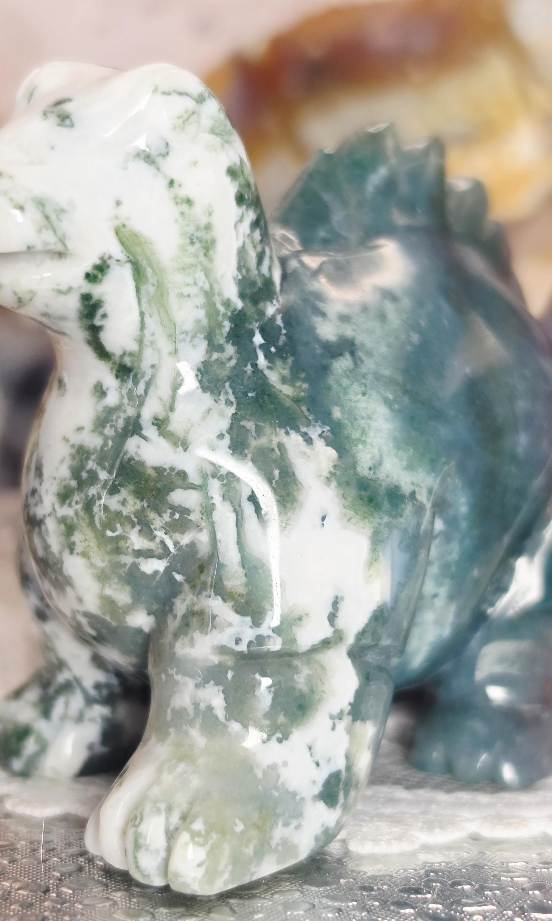 Moss Agate Dinosaur with Blue Chalcedony and Druzy, Ocean Home Decor, Crystal Gift