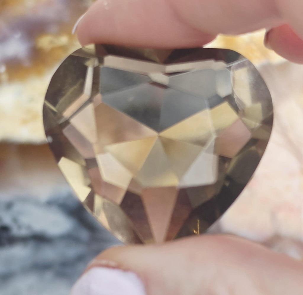 Smoky Quartz Diamond Cut Heart, Faceted Heart, Sacred Geometry, Crystal Gift, Crystal Grid, Home Decor