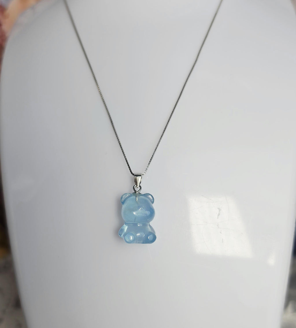 Aquamarine Bear Necklace Handmade with 18 inch 925 Silver Chain, Cabochon Gemstone, Aquamarine Jewelry