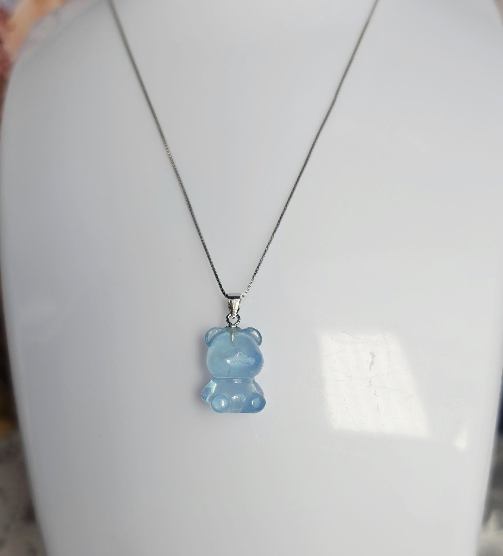 Aquamarine Bear Necklace Handmade with 18 inch 925 Silver Chain, Cabochon Gemstone, Aquamarine Jewelry