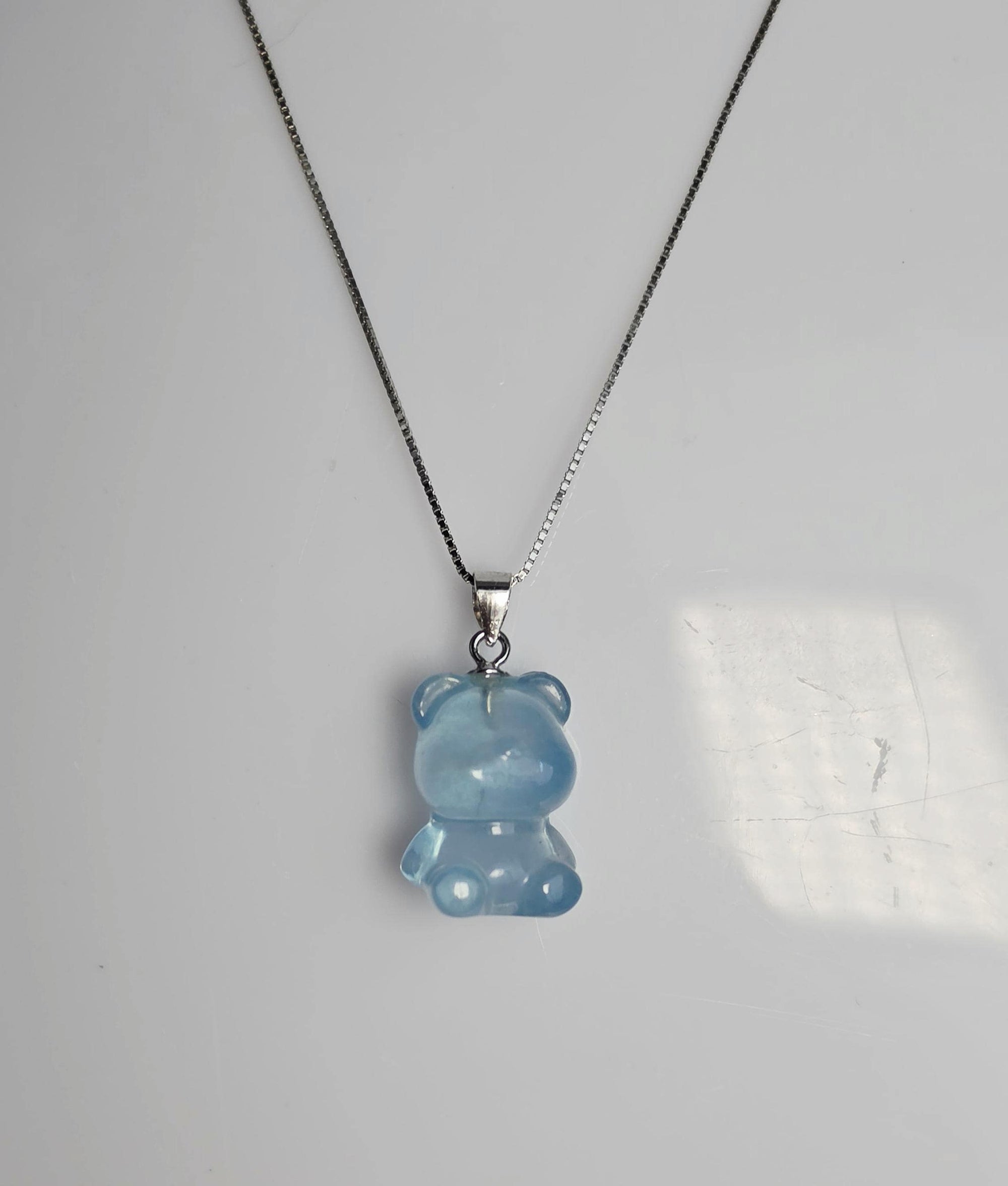 Aquamarine Bear Necklace Handmade with 18 inch 925 Silver Chain, Cabochon Gemstone, Aquamarine Jewelry