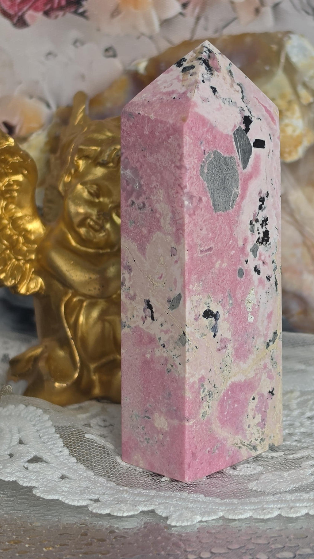 Peruvian Rhodonite Tower | Polished Pink Crystal Tower | Black Matrix | Home Decor|Gift|  9oz