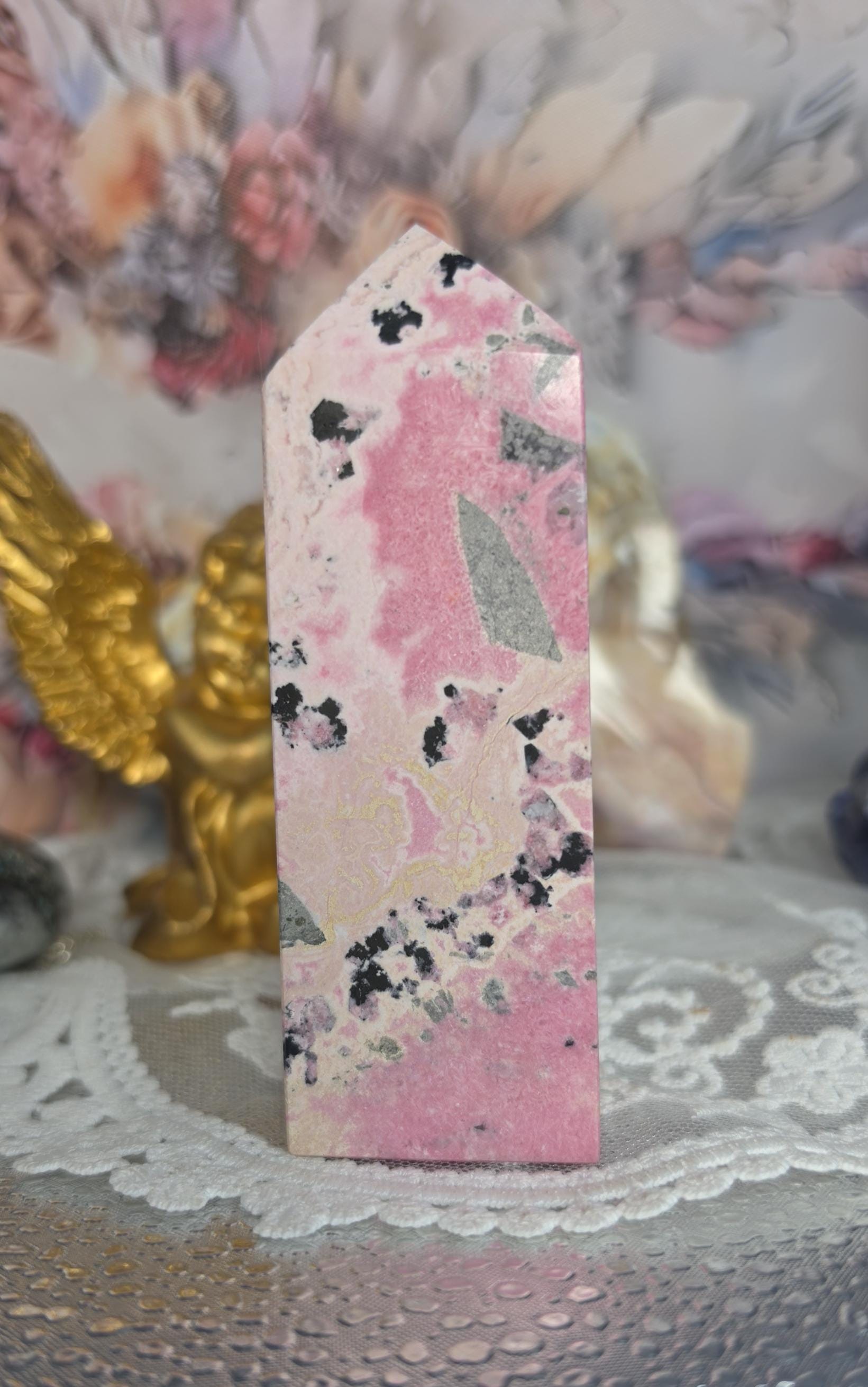 Peruvian Rhodonite Tower | Polished Pink Crystal Tower | Black Matrix | Home Decor|Gift|  9oz