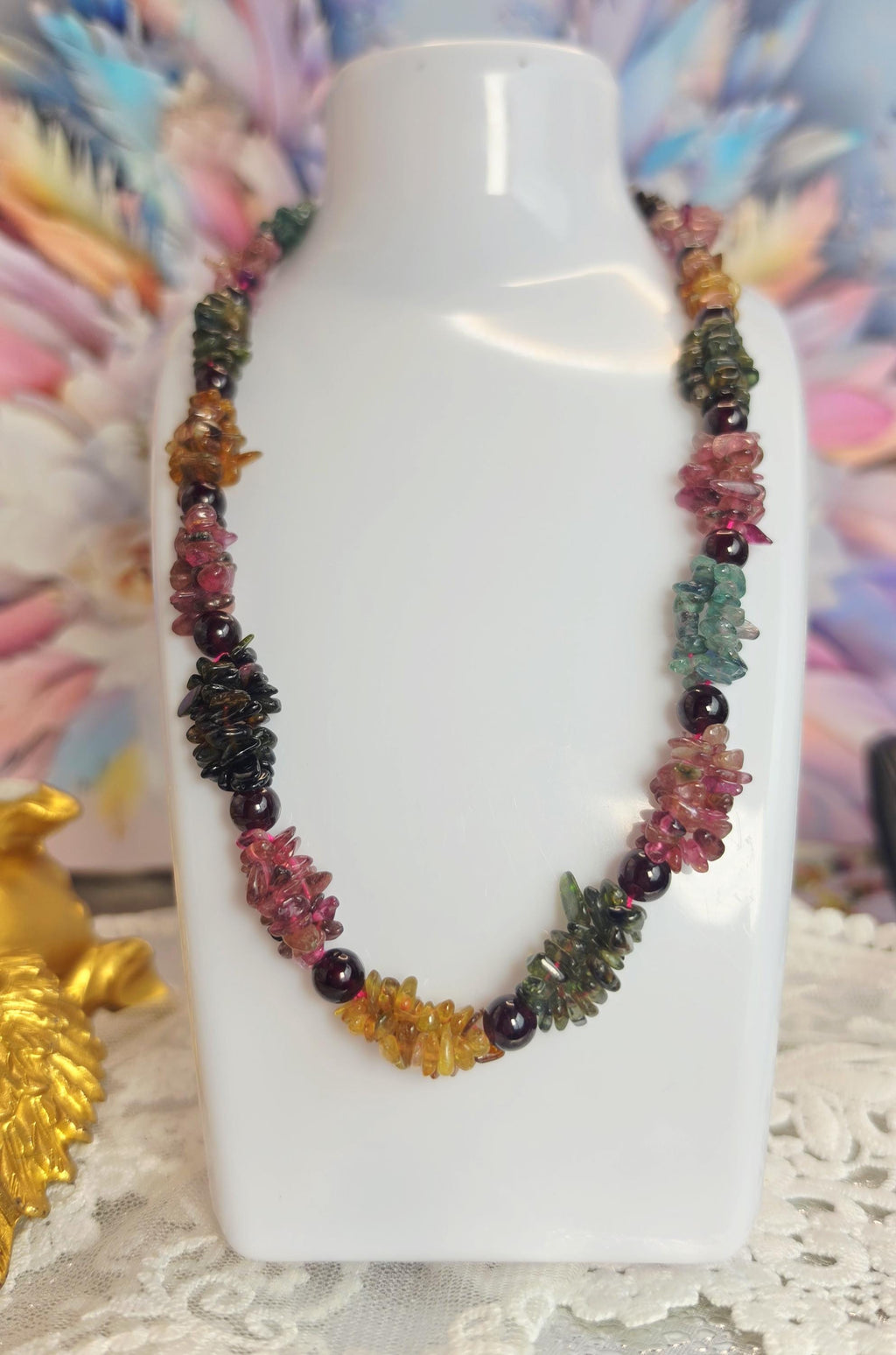 Goddess Mixed Tourmaline and Garnet Necklace Handmade , Natural Crystal, Peaceful Protection
