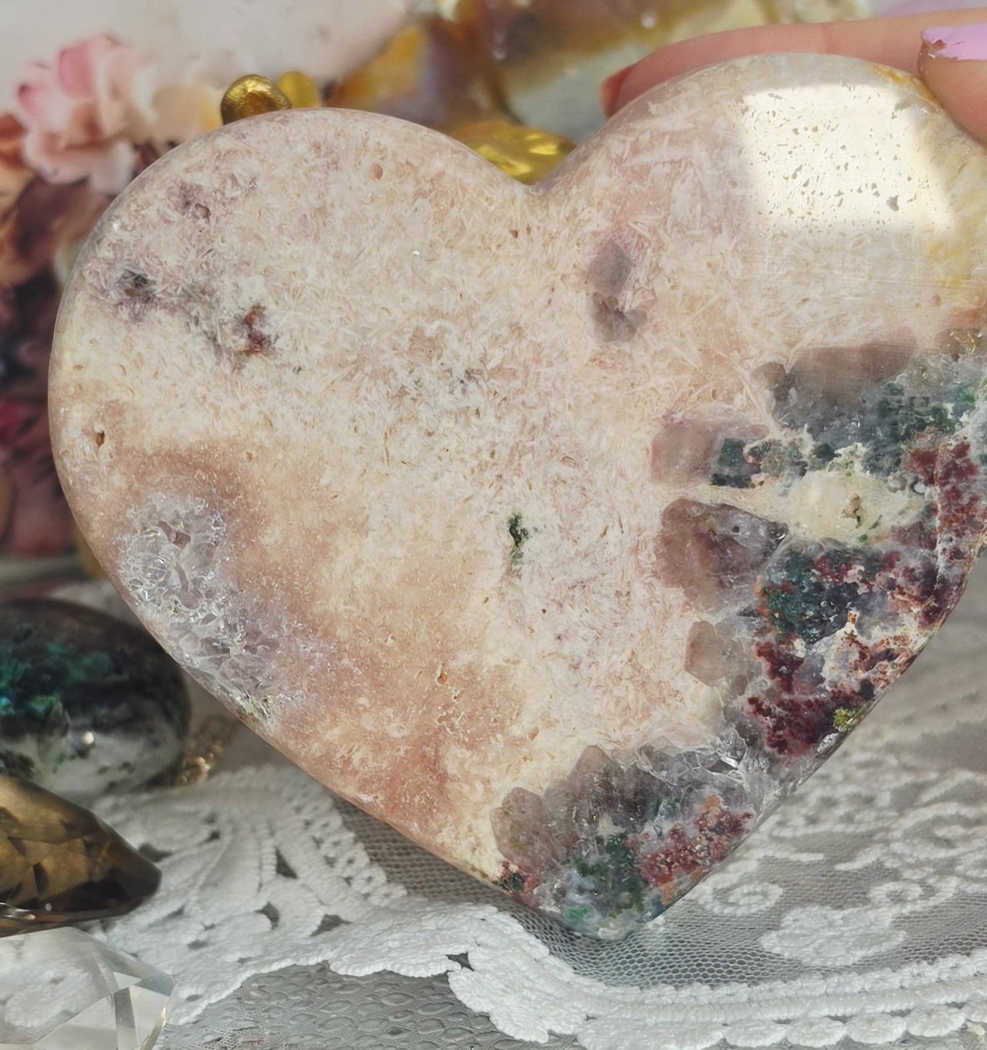 Brazilian Pink Amethyst Druzy Heart, Red and Green Jasper, Heart, Crystal, Home Decor, Gift