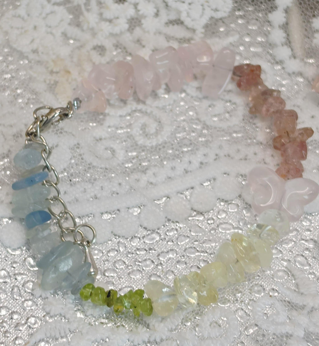 Goddess Citrine, Aquamarine, Peridot, Sunstone And Mozambique Rose Quartz Butterfly Bracelet, Handmade , Protection, Feminine Energy