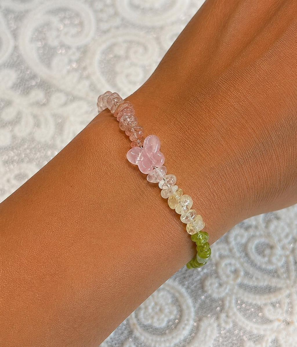 Goddess Citrine, Aquamarine, Peridot, Sunstone And Mozambique Rose Quartz Butterfly Bracelet, Handmade , Protection, Feminine Energy