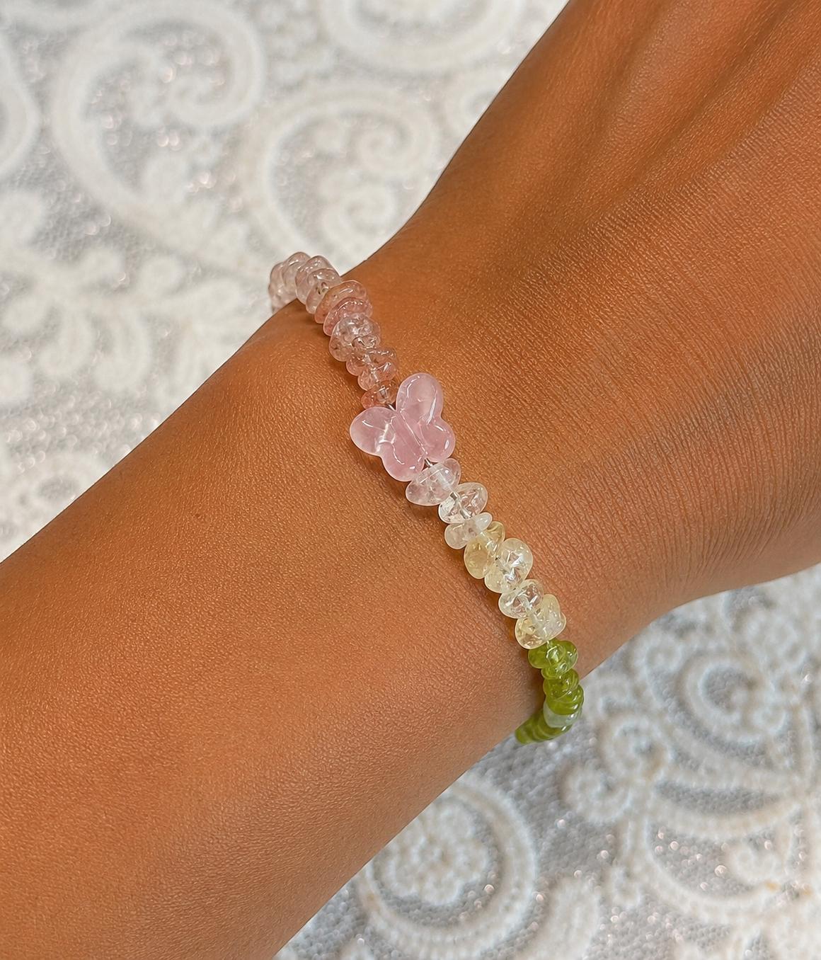 Goddess Citrine, Aquamarine, Peridot, Sunstone And Mozambique Rose Quartz Butterfly Bracelet, Handmade , Protection, Feminine Energy