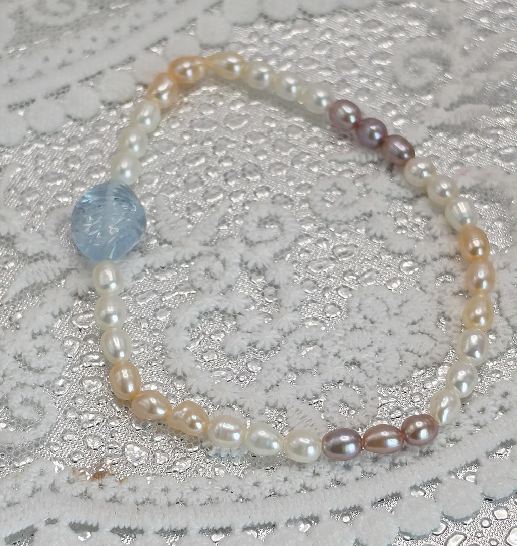 Goddess Aquamarine Shell and Natural Colorful Pearl Bracelet, Handmade , Protection, Feminine Energy