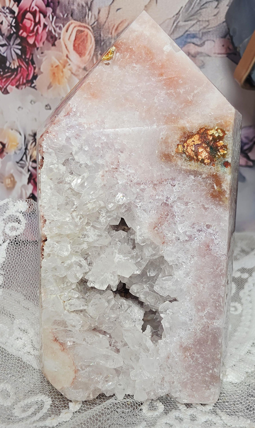LG Brazilian Pink Amethyst Druzy Tower, Reiki Infused Crystal