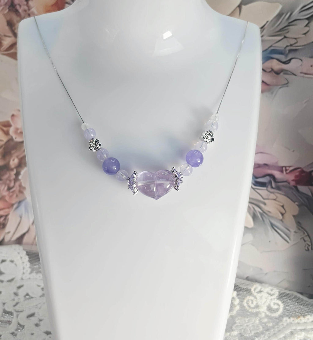 Moon Energy Intuitive Amethyst Heart , Lavender Moon, Moonstone, Purple Chalcedony 925 Necklace, Handmade, Gifts, Jewelry, Fairy Jewelry