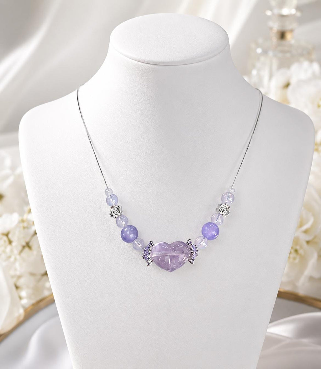 Moon Energy Intuitive Amethyst Heart , Lavender Moon, Moonstone, Purple Chalcedony 925 Necklace, Handmade, Gifts, Jewelry, Fairy Jewelry