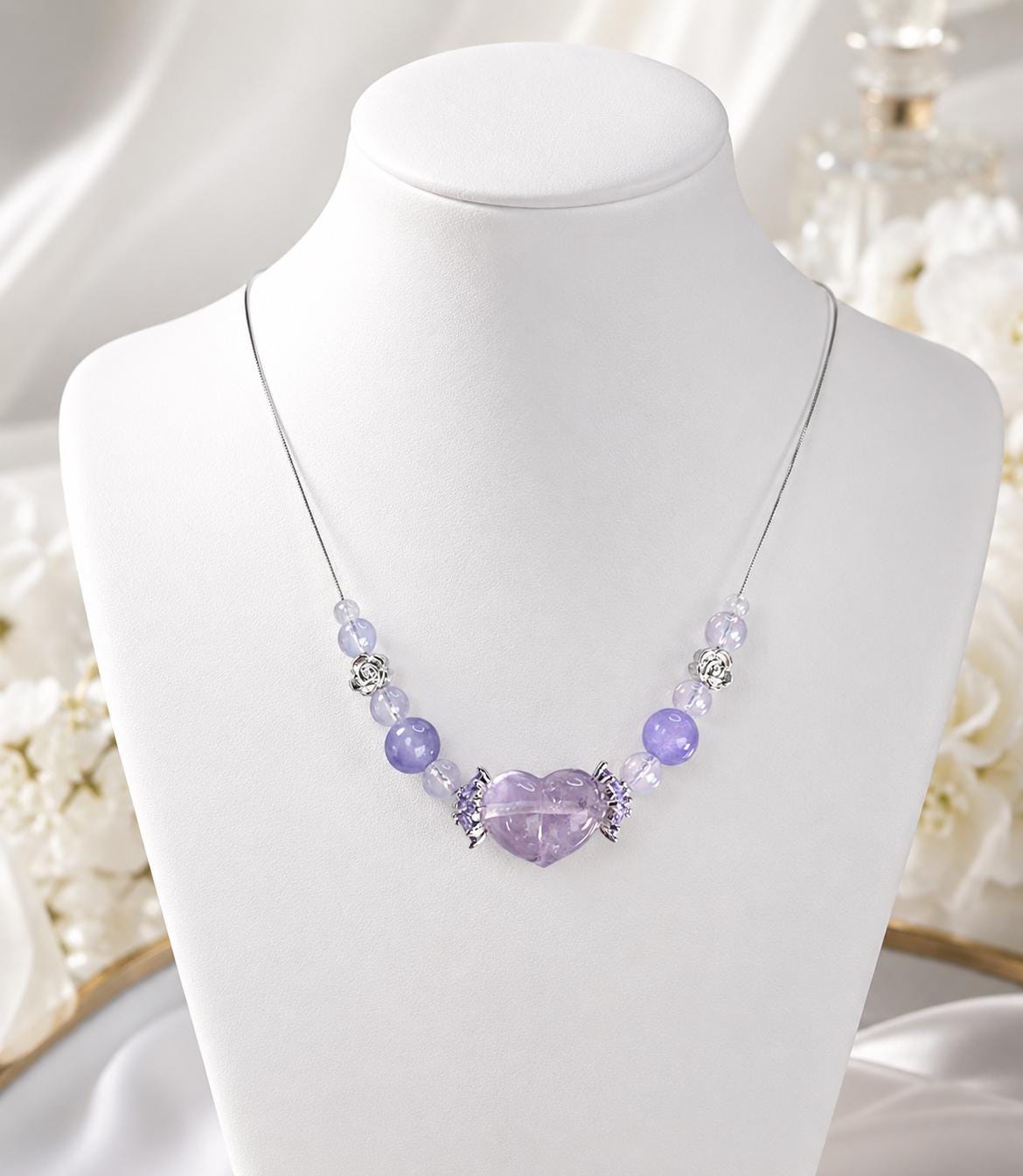 Moon Energy Intuitive Amethyst Heart , Lavender Moon, Moonstone, Purple Chalcedony 925 Necklace, Handmade, Gifts, Jewelry, Fairy Jewelry