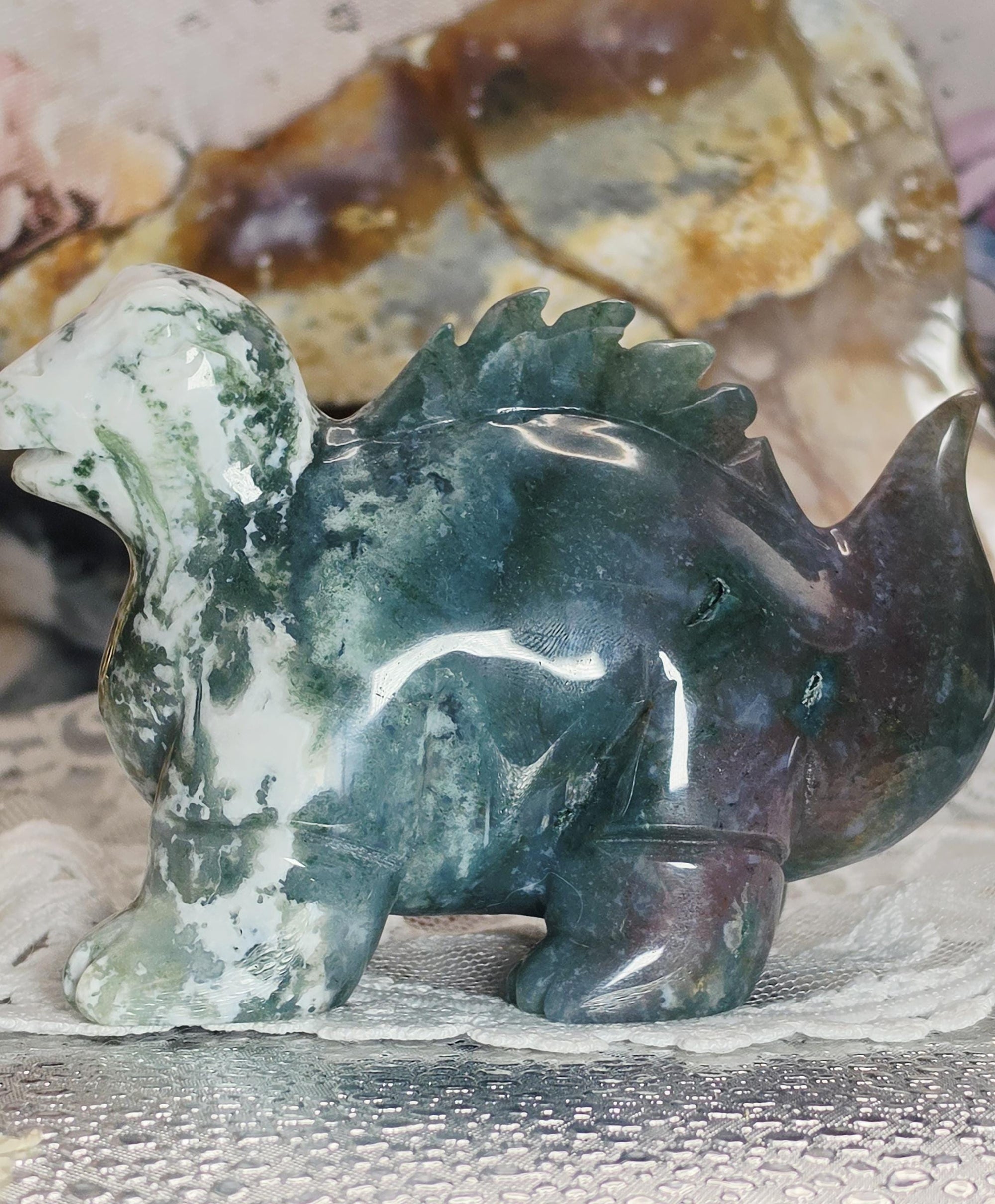 Moss Agate Dinosaur with Blue Chalcedony and Druzy, Ocean Home Decor, Crystal Gift