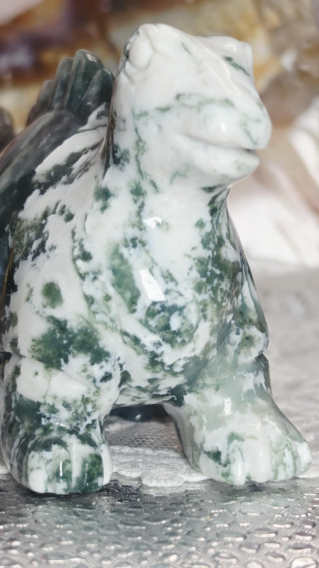Moss Agate Dinosaur with Blue Chalcedony and Druzy, Ocean Home Decor, Crystal Gift