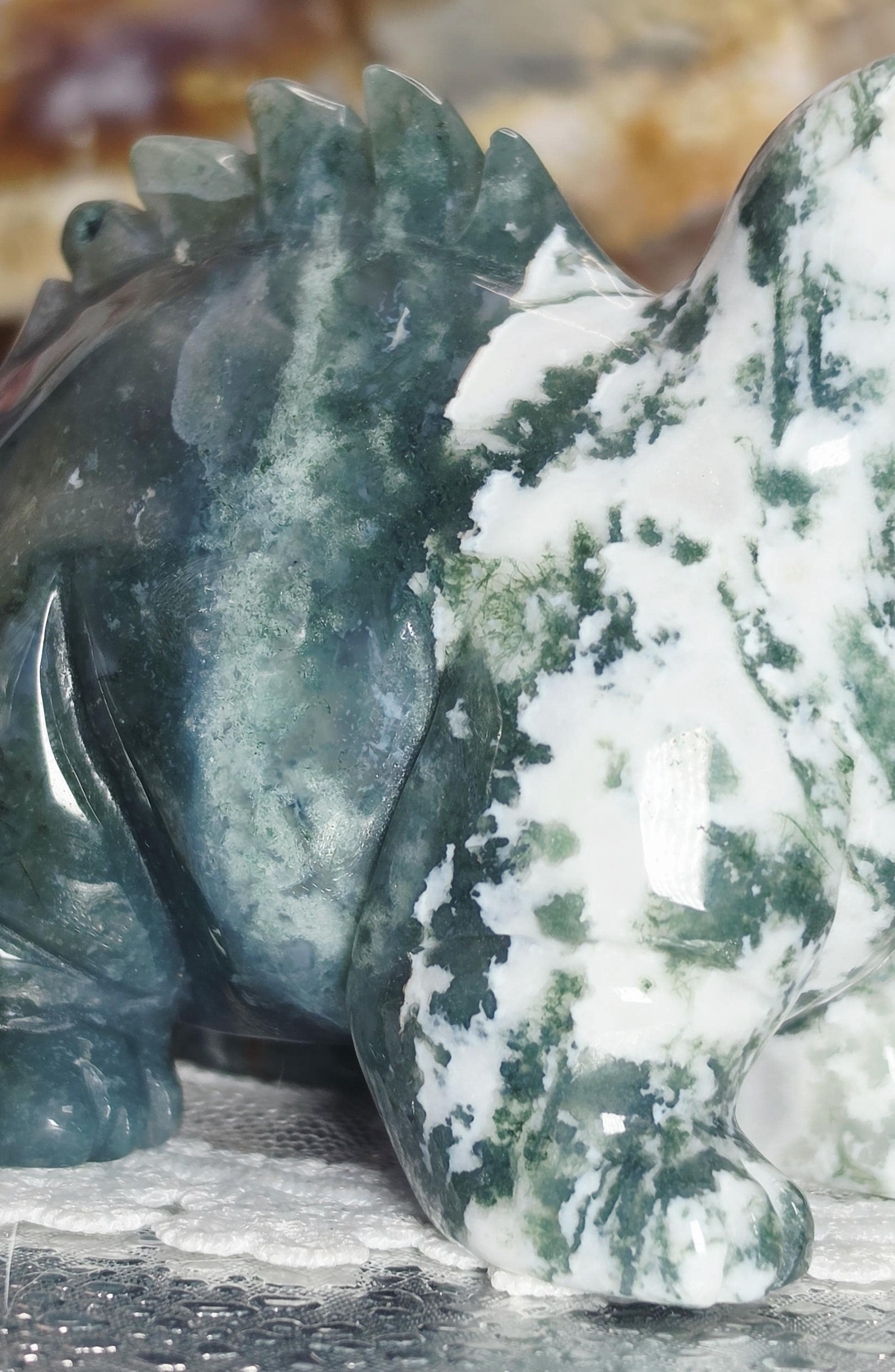 Moss Agate Dinosaur with Blue Chalcedony and Druzy, Ocean Home Decor, Crystal Gift