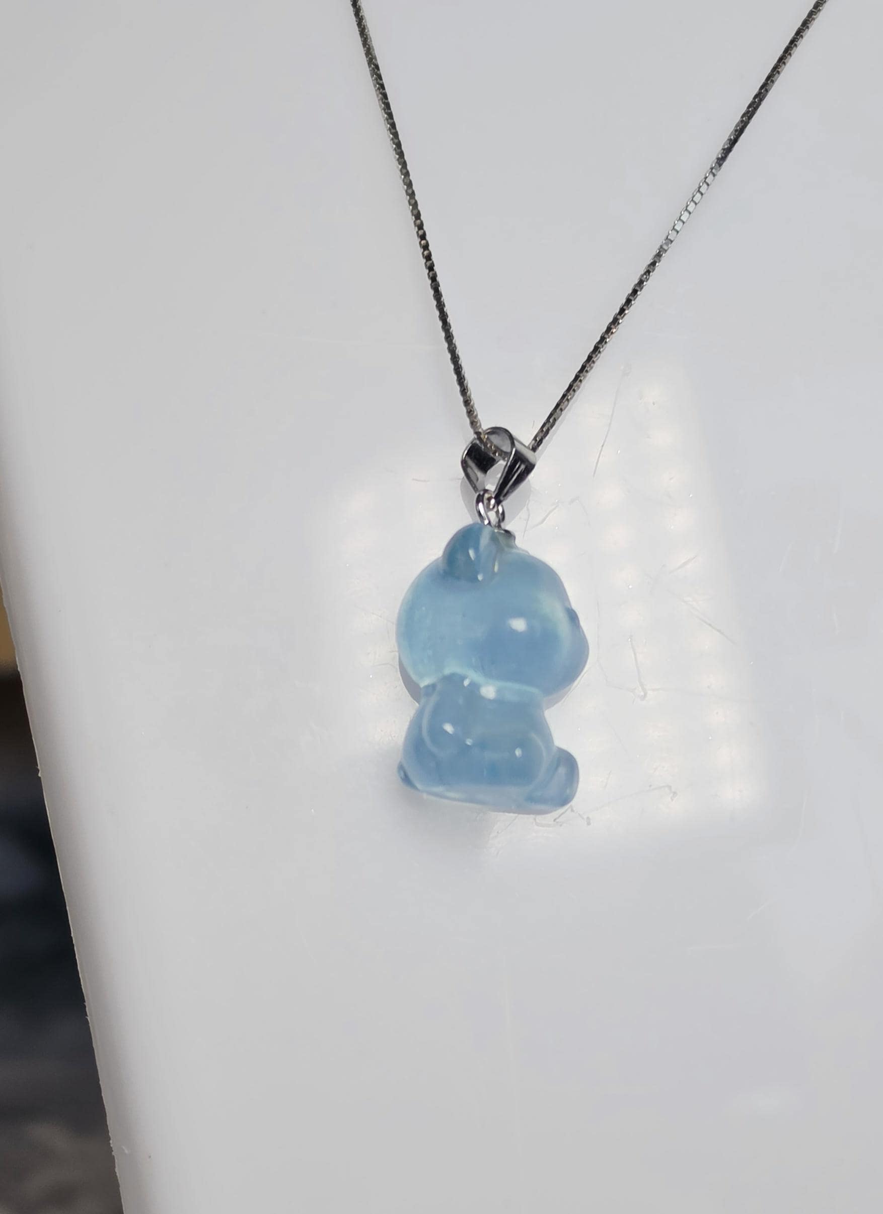 Aquamarine Bear Necklace Handmade with 18 inch 925 Silver Chain, Cabochon Gemstone, Aquamarine Jewelry