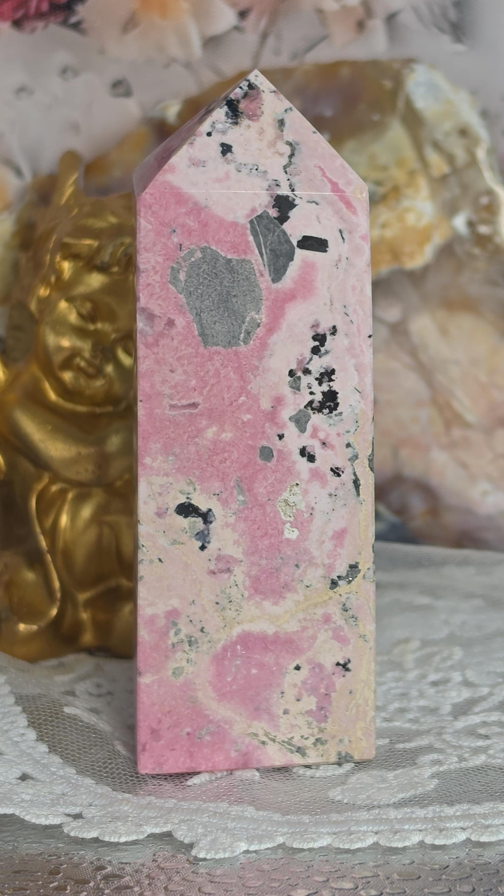 Peruvian Rhodonite Tower | Polished Pink Crystal Tower | Black Matrix | Home Decor|Gift|  9oz