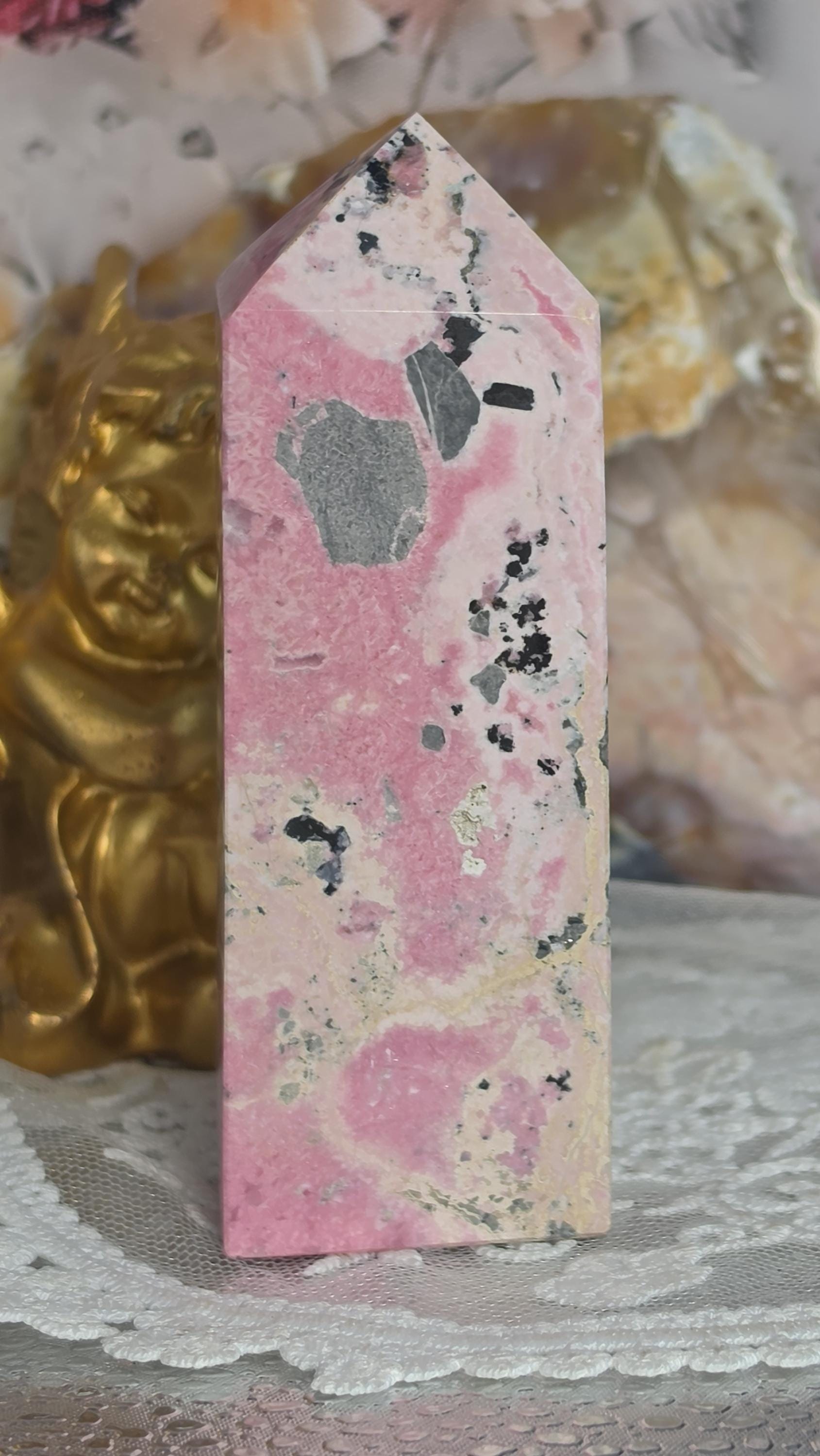 Peruvian Rhodonite Tower | Polished Pink Crystal Tower | Black Matrix | Home Decor|Gift|  9oz