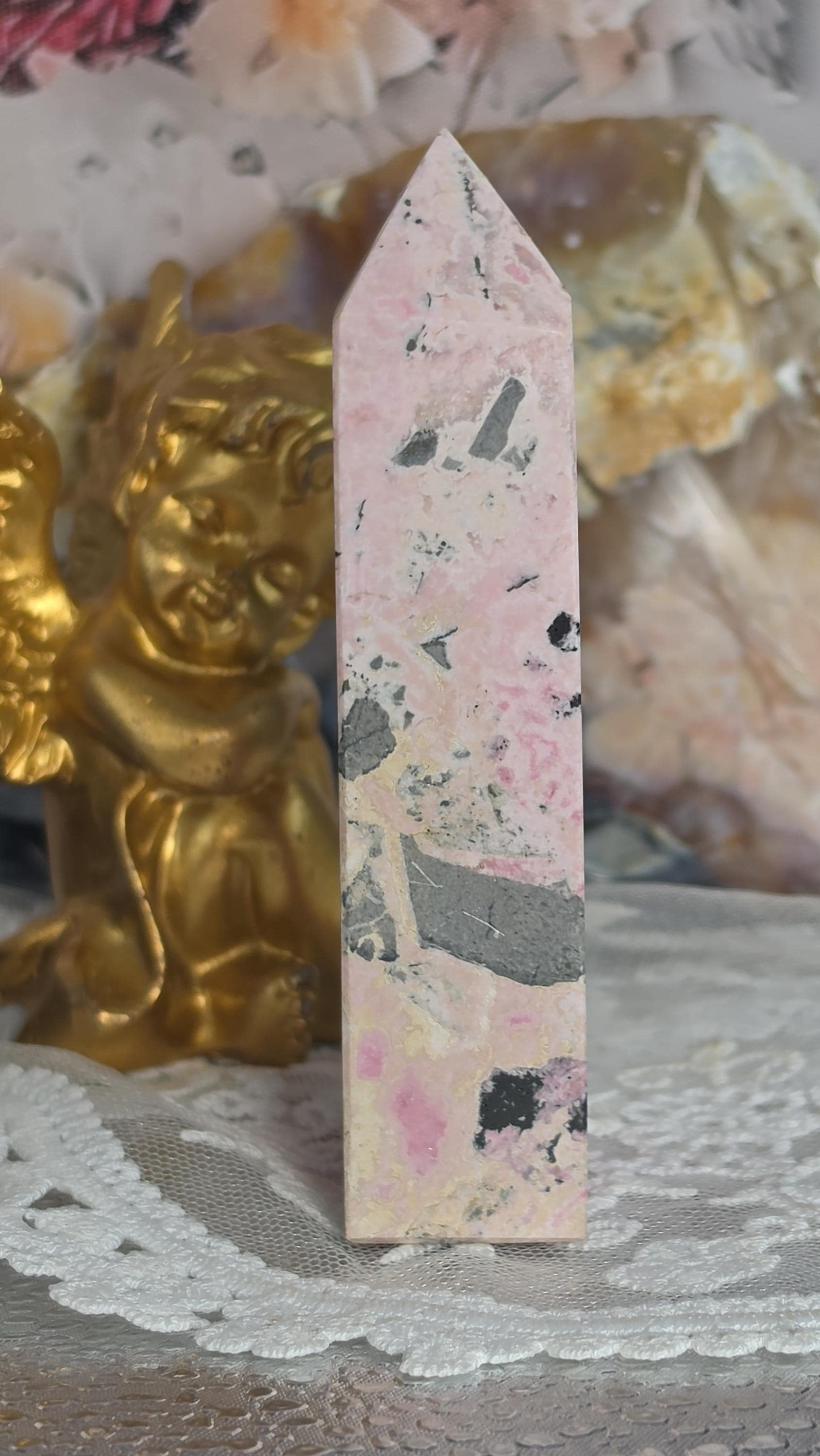 Peruvian Rhodonite Tower | Polished Pink Crystal Tower | Black Matrix | Home Decor|Gift|  9oz