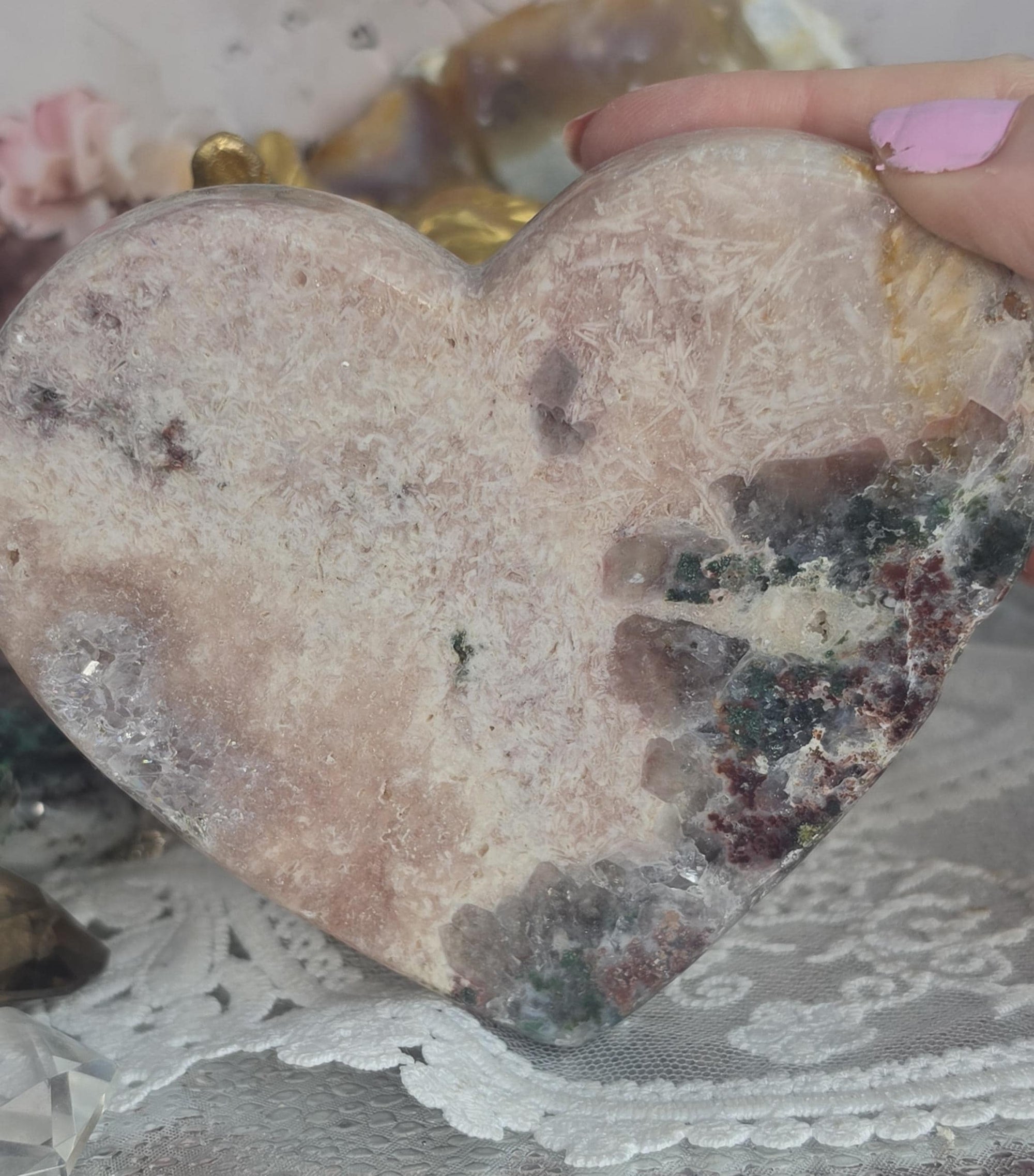 Brazilian Pink Amethyst Druzy Heart, Red and Green Jasper, Heart, Crystal, Home Decor, Gift