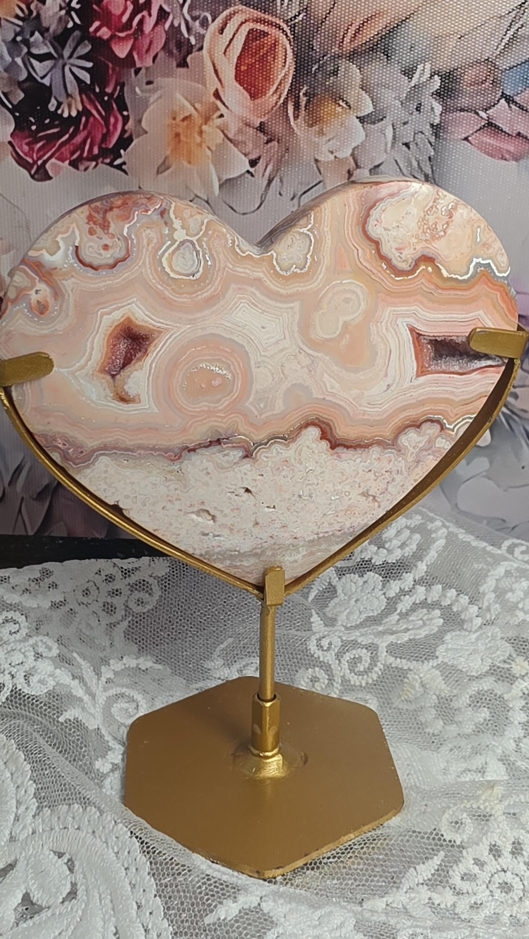 Pink Crazy Lace Heart on a Stand, Indonesian, Gift, Hearts