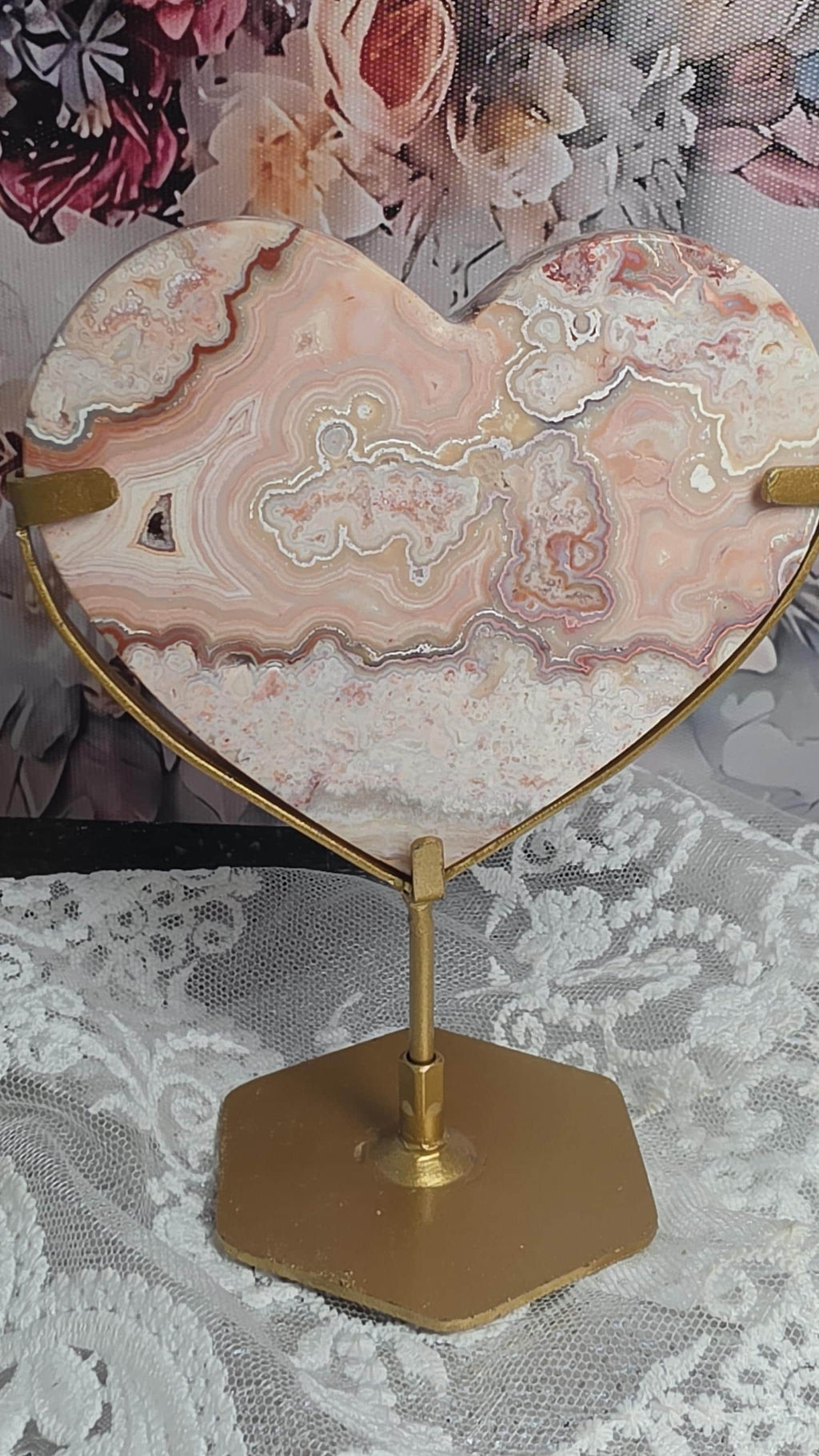 Pink Crazy Lace Heart on a Stand, Indonesian, Gift, Hearts