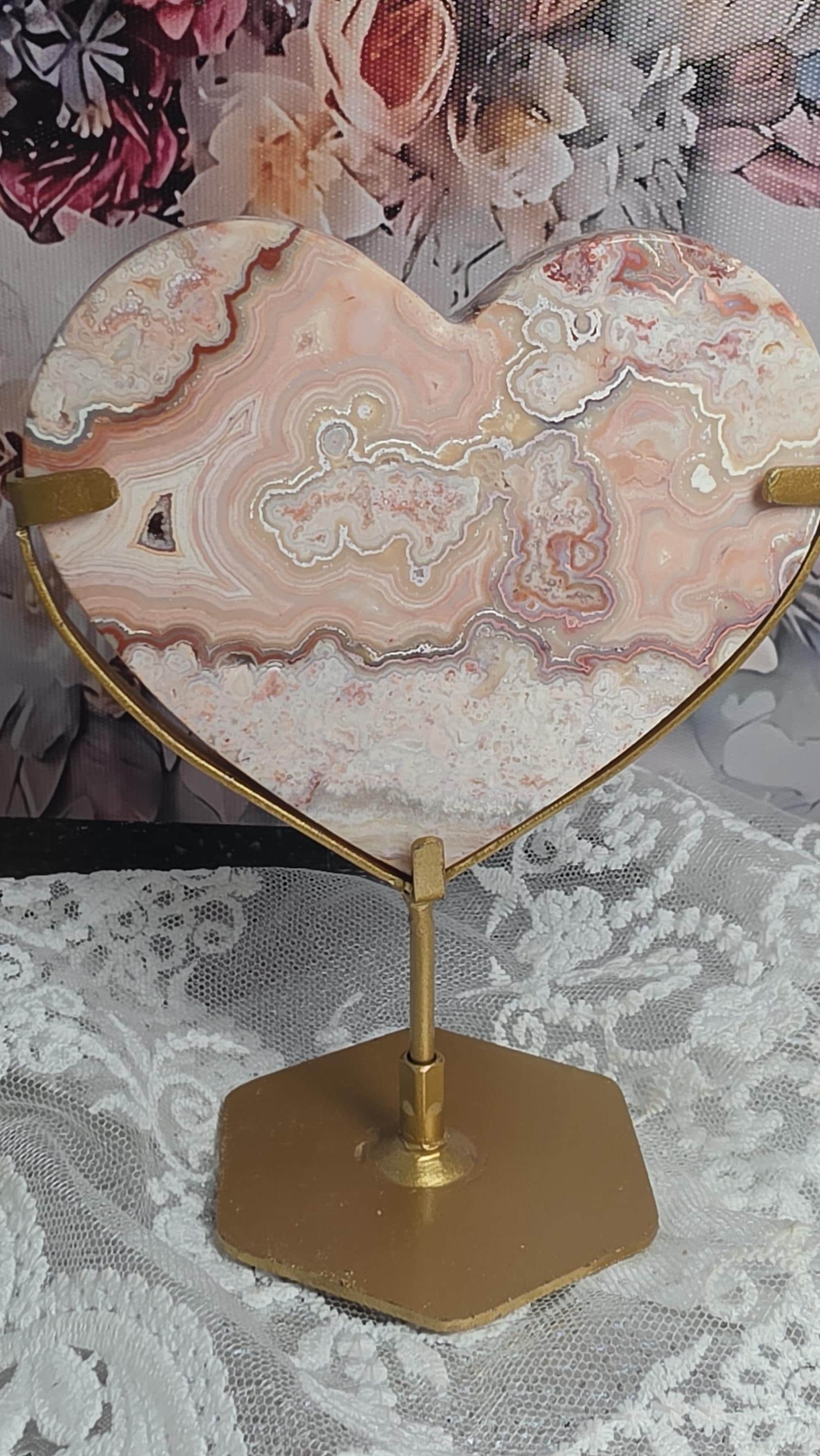 Pink Crazy Lace Heart on a Stand, Indonesian, Gift, Hearts