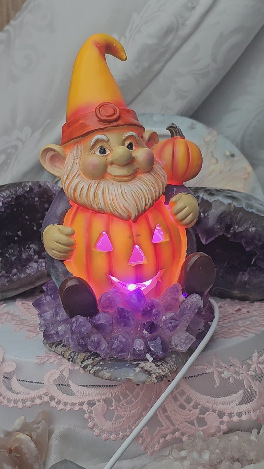 Halloween Gnome Amethyst and Agate Base Lamp, Hand Painted Decoration, Cute Halloween Decorations, Home Decor, Gnome